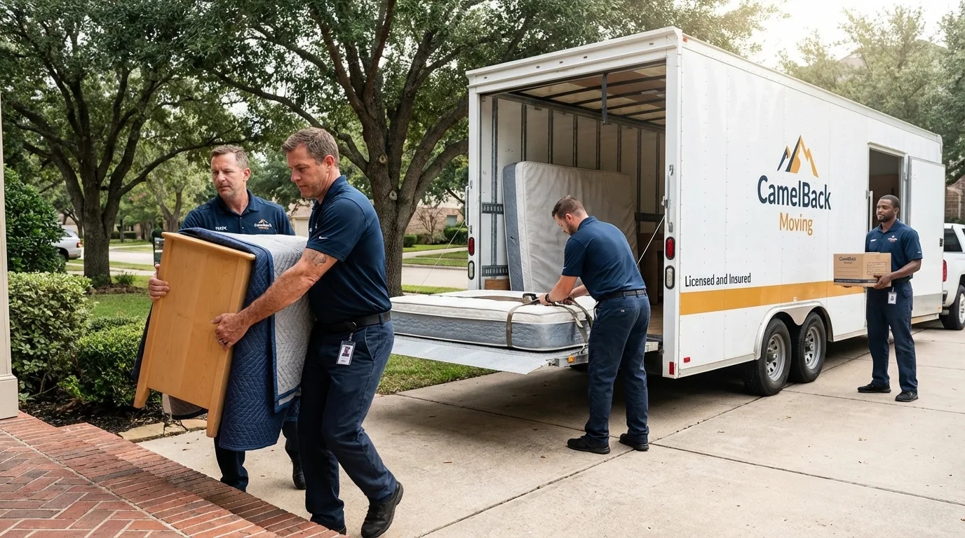 Crew loading residential truck for cross-state move from Boley, OK