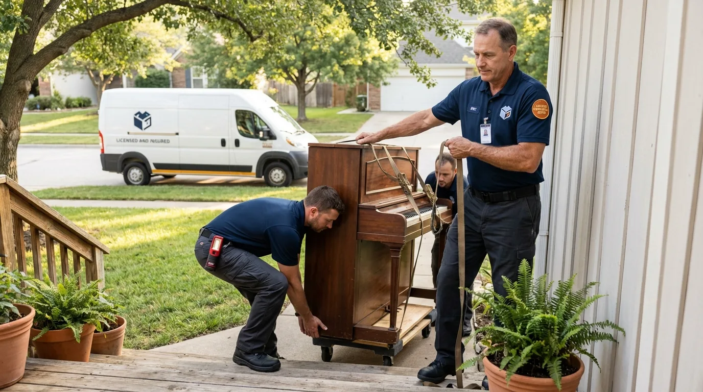 Licensed piano movers securing grand piano in Boley, OK