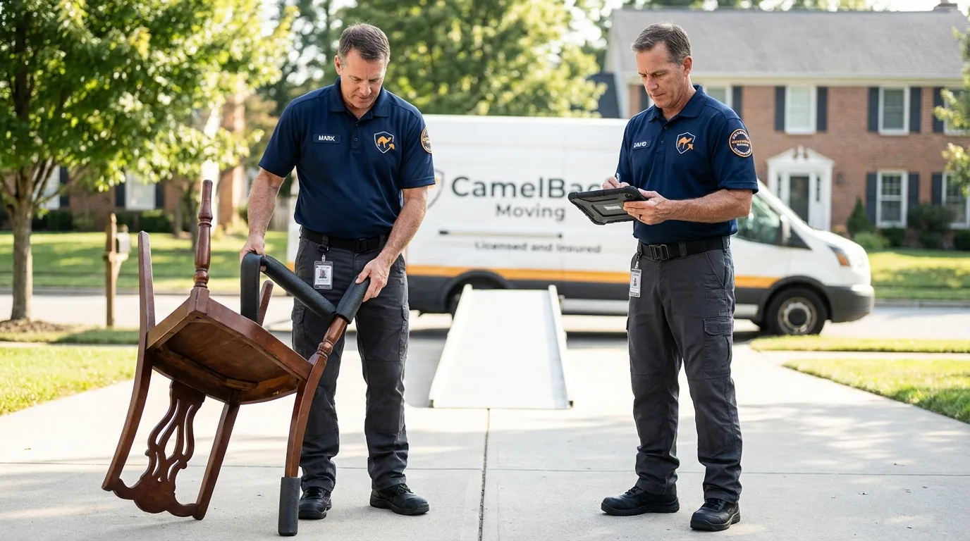 Movers inspecting furniture for damage prevention before loading in Boley, OK
