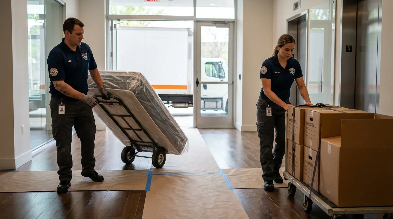Professional apartment movers loading elevator in Boley, OK
